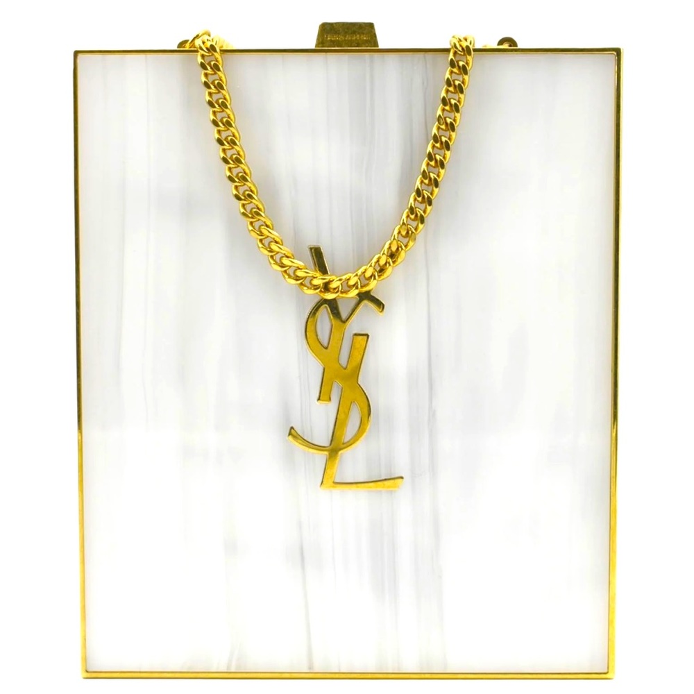YVES SAINT LAURENT Tuxedo Box Plexiglass Metal Crossbody Bag Blanc Grise